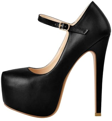 blingqueen Damen Mary Jane Pumps Plateau Stiletto High Heels Spangenpumps Schnalle Lederoptik Schwarz 38 EU
