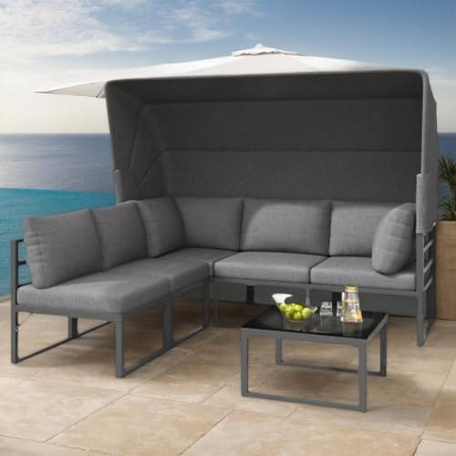 Soweiz Sonneninsel-Sitzgruppe aus Eisen, Garten-Loungesessel-Set, Sofa, Hocker und Tisch mit Markise, 4er-Set, Lounge-Möbel für Balkon und Garten, wetterfest, Grau, inklusive Aller Kissen