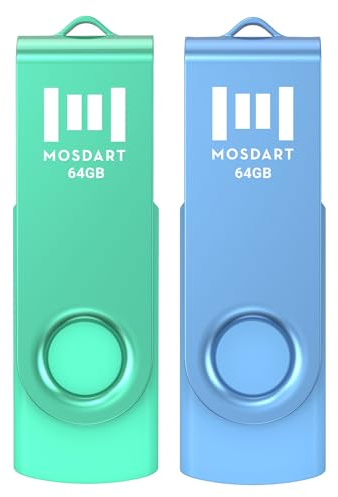 MOSDART 64GB USB 2.0 Flash Drive, with Keychain Loop, Swivel Design with LED Light, exFAT Memory Stick for Computers, System Backup, Data Storage Thumb Drive, Green and Blue (Pack of 2)