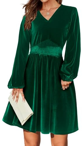 Zeagoo Abito da Cocktail da Donna Halloween Elegante Abito in Velluto Abito da Festa A Maniche Lunghe Abito da Sera Scollo A V Abito da Sera A Vita Alta Verde Scuro XL