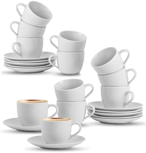 PALUPLUS Set 12 Tazzine Caffè con Piattino in Porcellana da 80 ml, Tazze da Espresso Bianche con decoro e manico, Lavabili in Lavastoviglie, adatte per Microonde -670F