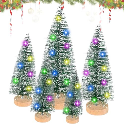 5 mini albero di Natale artificiale, albero di Natale artificiale, albero di Natale artificiale, piccolo con base in legno e catena luminosa, decorazione natalizia in miniatura, albero di Natale,