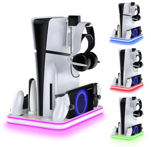 PS5 Cooling Stand & Charging Station for Portal, Dual Controllers with RGB | Supports original PS5 and PS5 Slim Disc or Digital consoles; set console USB power to Always for charging during rest mode