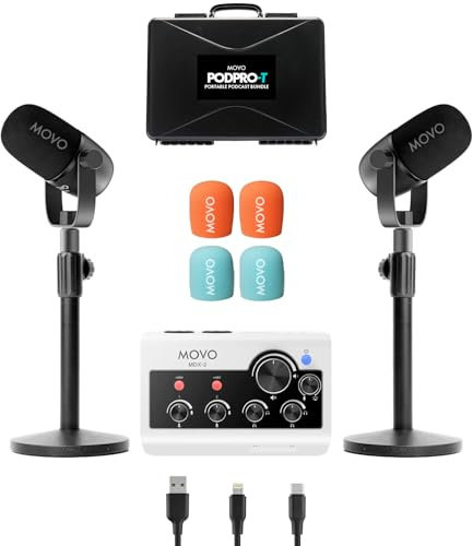 Movo Ensemble d'équipement de podcast portable pour téléphones iPhone/Android - Kit de podcast avec interface audio, 2 micros dynamiques CastMic et 2 supports de table - Pour smartphones, ordinateurs