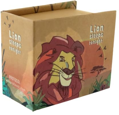 Hand-cranked music box/musical box in the shape of a book made of illustrated cardboard with 18-note musical mechanism - The lion sleeps tonight (Solomon Linda)