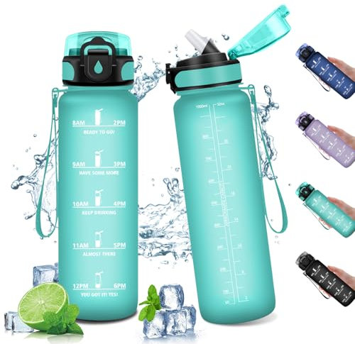 Borraccia 1L, Bottiglia con Cannuccia, Bottiglia a Prova di Perdite, Bottiglia Plastica Riutilizzabile, Borraccia Sportiva con Indicatore del Tempo Motivazionale, Borracce per Palestra, Campeggio