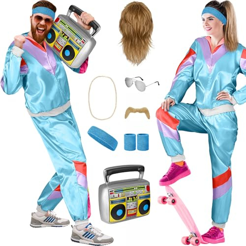 Balinco 80er Jahre Outfit Damen/Herren, Trainingsanzug Karneval Kostüm Set, Vokuhila Perücke, Bart, Kette, Pilotenbrille, Schweißbänder, Ghettoblaster (Hellblau I Lila I Rot, S)