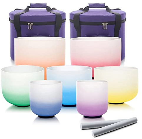Cuenco Tibetano De Cristal De Cuarzo Arcoíris, Juego De 6 A 12 Pulgadas, For Yoga, Sanación Con Sonido, Limpieza Con Cristales, Meditación, Con Percutor De Gamuza Y Mazo De Goma(432Hz)