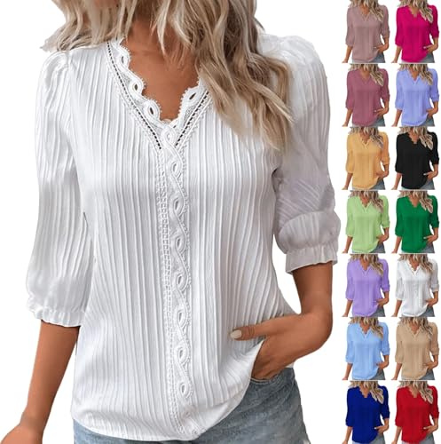 Camicia da donna elegante da cerimonia, maniche a 3/4, in pizzo, con scollo a V, elegante, taglie forti, maglietta da ufficio, tinta unita, casual, camicetta da donna, elegante