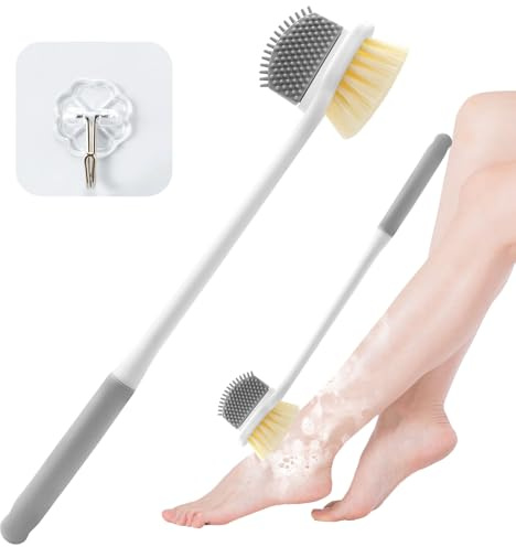 Piuluvor® Brosse à laver les pieds, pour la douche, 35 cm, avec manche long, brosse à doigts avec 1 crochet autocollant, brosse à pieds pour personnes âgées