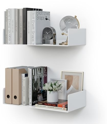 CASSA KIVO Wall Mounted Metal U-Shaped Floating Book Shelves for Wall Set of 2, 43cm x 20cm Shelf, Bookshelf for Bedroom Living Room Office Bathroom Kitchen Modern (White)