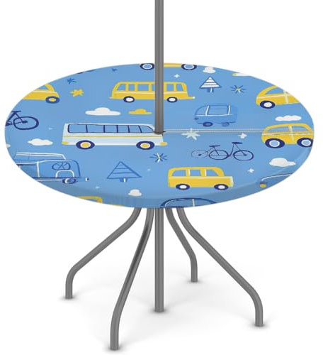 Woltant Nappe ronde avec trou de parasol et fermeture éclair facile à nettoyer avec bords élastiques - Protection de table d'extérieur pour jardin, terrasse, barbecue (voitures de dessin animé)