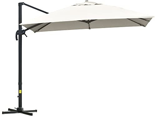 Outsunny Ombrellone da Giardino a Manovella 3x3 m Inclinabile e Girevole a 360°, Ombrellone Decentrato a Braccio con Base a Croce, in Poliestere 250g/㎡ e Alluminio, Crema