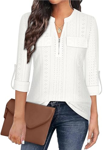 Gemulate Womens Tops 3/4 Sleeve Tops for Women Polo Top Floral Printed Shirts with Zip Up V Neck Tunic Blouse Basic Tops
