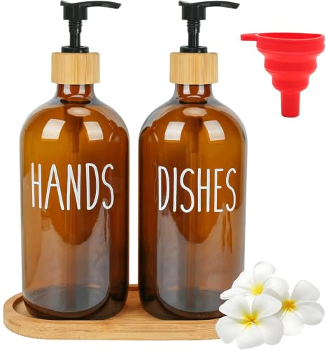 500ml Amber Glass Soap Dispenser Kitchen Hand and Dish Soap Dispenser Set | Washing Up Liquid Dispenser Hand Dish Wash Dispenser with Pump & Bamboo Tray & Silicone Funnel for Kitchen Countertop