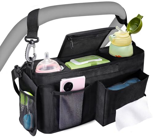 Universal Baby Stroller Organizer with Insulated Cup Holders, Adjustable Pushchair Stroller Caddy with Phone Bag & Shoulder Strap, Detachable Zippered Pocket Accessories Fits Any Pram Handlebar, Black