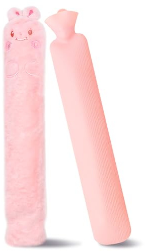 JNUYISW Lång varmvattenflaska med överdrag, 2 l 60 cm stor nackvarmvattenflaska med överdrag fluffig varmvattenflaska sängflaska för värme även svalka för nacke, axlar, buk, rygg, kvinnor män rosa