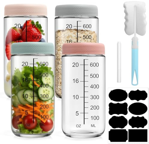 Ferenando 4 Stück Mealprep Gläser 750ml Auslaufsicher, BPA-frei Einmachgläser mit Schraubdeckel, Skala & Bürste, Stapelbare Weithals Vorratsglas für Overnight Oats, Salat, Joghurt Meal Prep Gläser