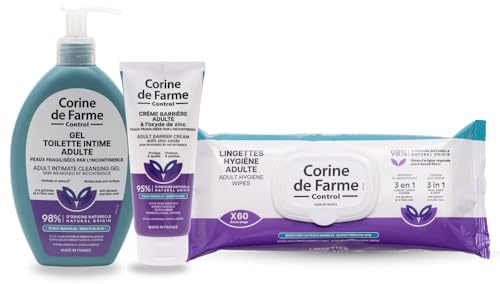 Corine de Farme - Trio Essentiel Hygiène Incontinence - Crème Barrière, Gel Toilette Intime, Lingettes Adulte - Peaux Sensibles - Protection et Confort Quotidien