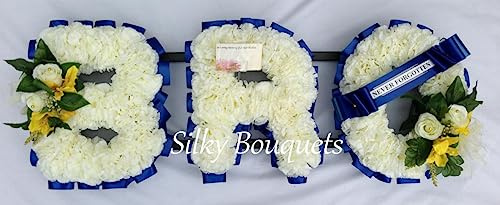 Silky Bouquets Customizable Funeral Flowers - Personalized Artificial Silk Flowers for Graves & Funerals | Lasting Remembrance with Any 3 Letters | BRO Tribute with Ribbon Sash