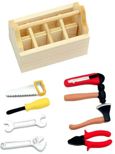 9 Stück Wichtel Zubehör Mini Werkzeug Set – Holz Puppenhaus Zubehör mit Werkzeugkasten & Miniatur Werkzeugen – Realistisches Wichtelzubehör Weihnachten für Basteln & Dekoration