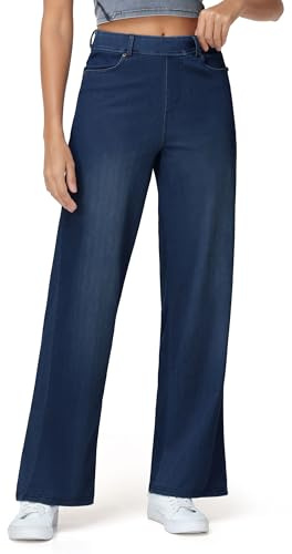 THE GYM PEOPLE Women's Wide Leg Pull on Jeans Stretchy Baggy Trendy Casual Straight Denim Pants with Pockets Dark Blue