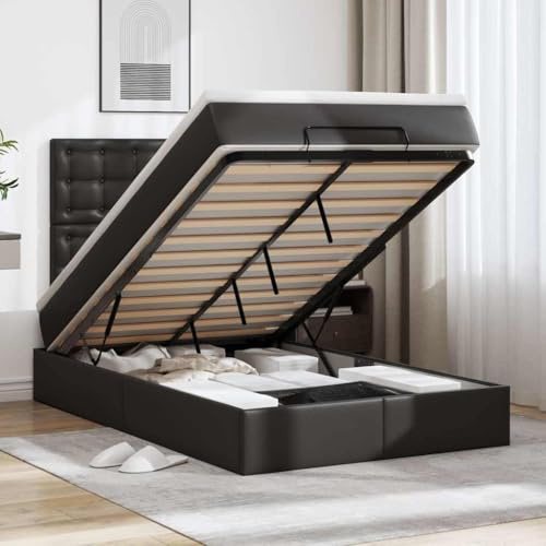 QJBSAVVA 120x200 cm Kunstleder Schwarz Otto-Bett mit LED, Taschenfederkern, Hydraulik & Stauraum
