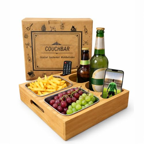 Couchbar aus Bambus Holz, Sofa Organizer auf dem Beistelltische Couchtisch, Couchbar Snackbox Ideal für Wohnzimmer Schlafzimmer Garten Camping Geburtstagsgeschenk für Männer
