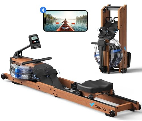 MERACH Máquina de remo de agua de madera, plegable, material de árbol de goma y asiento cómodo, con aplicación exclusiva con experiencia de mapas interactivos, experiencia de remo inmersiva, ideal