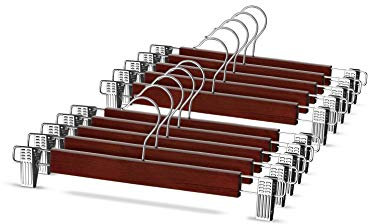 ZOBER Holz Hosenbügel mit Clips (10er Pack) - Langlebige hölzerne Rock Kleider bügel, 360° Haken, Kleiderbügel für Hosen - Rockbügel/Hosenbügel mit rutschfesten verstellbaren Clips