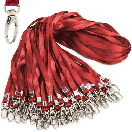 Röda nyckelband för ID-märken nylon hals platt bulk snodd vridbara krokar klämmor, hållbart vävda nyckelband med klämma för nyckelringar män kvinnor kontor ID namnetiketter och märkeshållare,