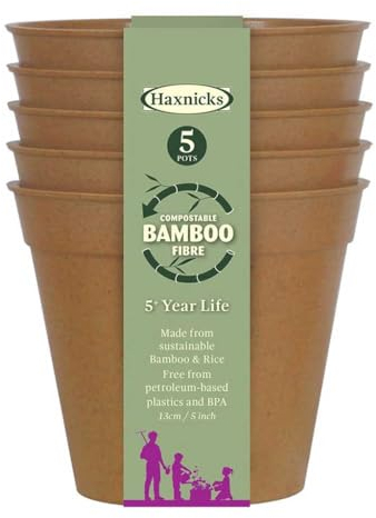 Haxnicks 5x Indoor & Outdoor Sustainable Bamboo Fibre Plant Pots | 5 Inch Diameter | Pack of 5 | Terracotta | Pot110201