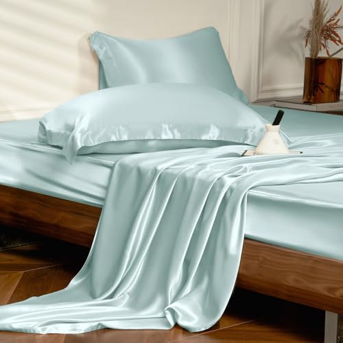 THXSILK 4-teiliges Bettwäsche-Set aus Seide, 100 % lange Stränge, 25 Momme Maulbeerseide, Bettwäsche-Set und Kissenbezüge, extrem weich und luxuriös Queen hellblau