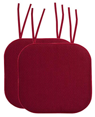 Sweet Home Collection Chair Cushion Memory Foam Pads with Ties Honeycomb Pattern Slip Non Skid Rubber Back Rounded Square 16 x 16 Seat Cover, 2 Pack, Wine Burgundy