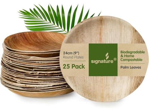 Signature Natural Palm Leaf Plates, 9 Inch Round, 25 Pack | Sturdy compostable palm leaf. Natural, eco-friendly. For weddings, parties and corporate events.