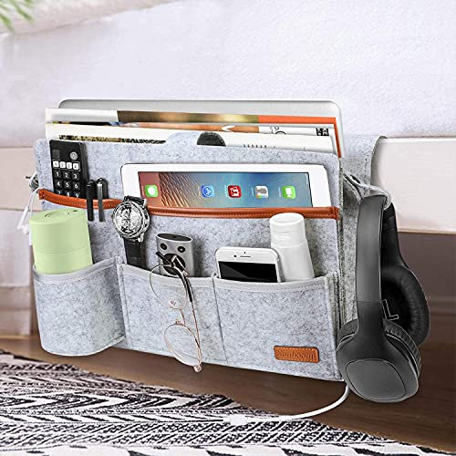 SIMBOOM Bett Tasche Filz Bettablage Organizer, Bett Sofa Hängeaufbewahrung für Mobiltelefon, Fernbedienung, Wasserflasche, Zeitschriften - Hellgrau