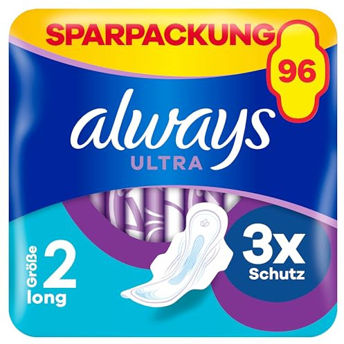 Always Ultra Binden Damen Gr. 2, Long, 96 Damenbinden mit Flügeln (3 x 32 Stück) Multipack, ultradünn und super absorbierend