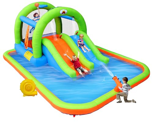 WELLFUNTIME Inflatable 2-in-1 Water Slide Bouncy Castle with Blower, Jumping House with Double Slide & Basketball Ring for Kids, Jumping Area for 3 Kids