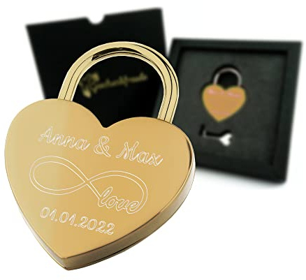Geschenkfreude Liebesschloss mit Gravur - Herzschloss mit Schlüssel Gold | witterungsbeständig, Schloss mit Gravur, Valentinstagsgeschenk, Geschenke für Paare, personalisiert, Pärchengeschenk