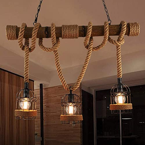 Luci per navi nautiche Lampada a corda Lampada industriale a gabbia per uccelli Lampada a sospensione a 3 luci Lanterna con struttura a gabbia in corda, Decorazione in legno Lampadario vintage Lampada