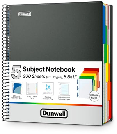 Dunwell 5-Subject Notebook, College Ruled, Colorful Movable Pocket Dividers with Tabs, Front/Back Plastic Covers, 200 Sheets (400 Pages) of 3-Hole Punch Perforated 8.5x11 Paper
