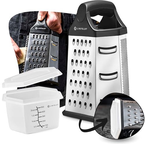 LINFELDT® 6-Kant Reibe Edelstahl Küchenreibe mit Behälter - Rostfrei Spülmaschinengeeignet 23x14cm Multi Reibe Küche - Küchenreibe mit Auffangbehälter & Griff