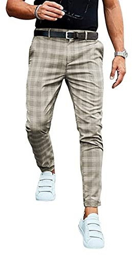 GAOSHI Herren Hose Kariert Slim Fit Mit Seitenstreifen Hose Männer Niedriger Bund Lang Business Arbeitshose freizeithose (Color : Khaki, Size : L)