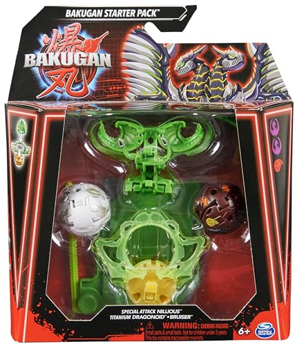 BAKUGAN Starter 3-Pack, Special Attack Nillious, Titanium Dragonoid, Bruiser, individualisierbare Actionfigur, Sammelkarten, Kinderspielzeug für Jungen und Mädchen