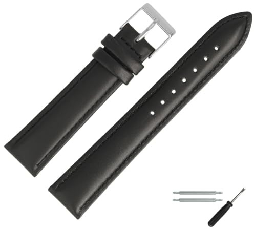MARBURGER Uhrenarmband 22mm Leder Schwarz Silber Glatt Mit Naht - Montage Set 2762210000120