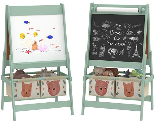 Qaba Art Easel for Kids with Paper Roll, 3 in 1 Toddler Painting Easel with Blackboard, Whiteboard, Storage Baskets, Green, Fox and Bear