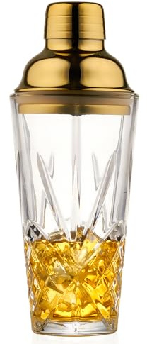 Fioance 15oz Gold Lid Crystal Cocktail Shaker, Lead-Free Glass with #304 Steel Strainer,Dishwasher Safe,Fit the Coffee Table Decor, Wedding Favors and any Bar Cabinet.(Leak-Proof)