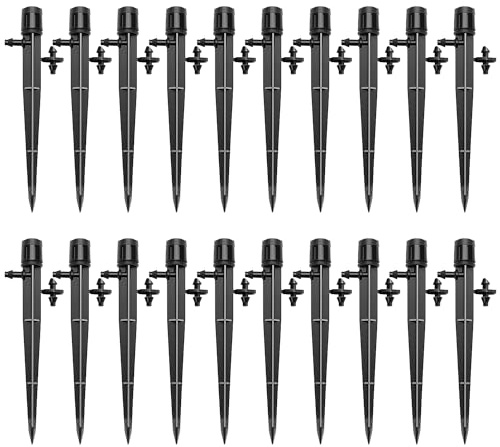 VooGenzek 20 PCS 360 Degree Adjustable Irrigation Dripper Sprinkler, Micro Stake Emitter Dripper for 4/7 mm Garden Hose Irrigation System, Water Flow Stake Emitter, Black (with Connector)