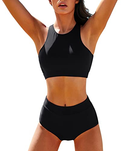 Generisch Bikini Damen Bauchweg, Sport Bikini Damen, High Waist Bustier Bikinis-Sets Racerback Swim Top Bikinis Oberteil mit Triangel Swim Shorts Elegant Zweiteiliger Badeanzug Strandmode Swimsuit