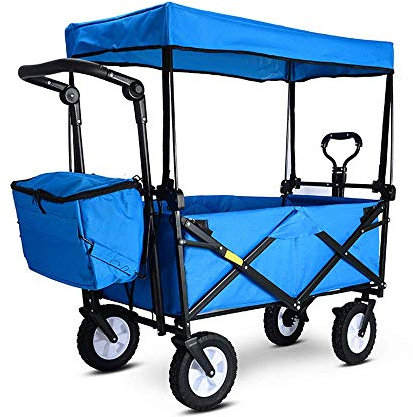 CUNTO Klappwagen, tragbarer Gartenwagen, Tragfähigkeit 80 kg, mit Sicherheitsgurt, Markise, Kühltasche, großer Lunchbox, für Picknicks, Camping, Einkaufen, Strände, Konzerte